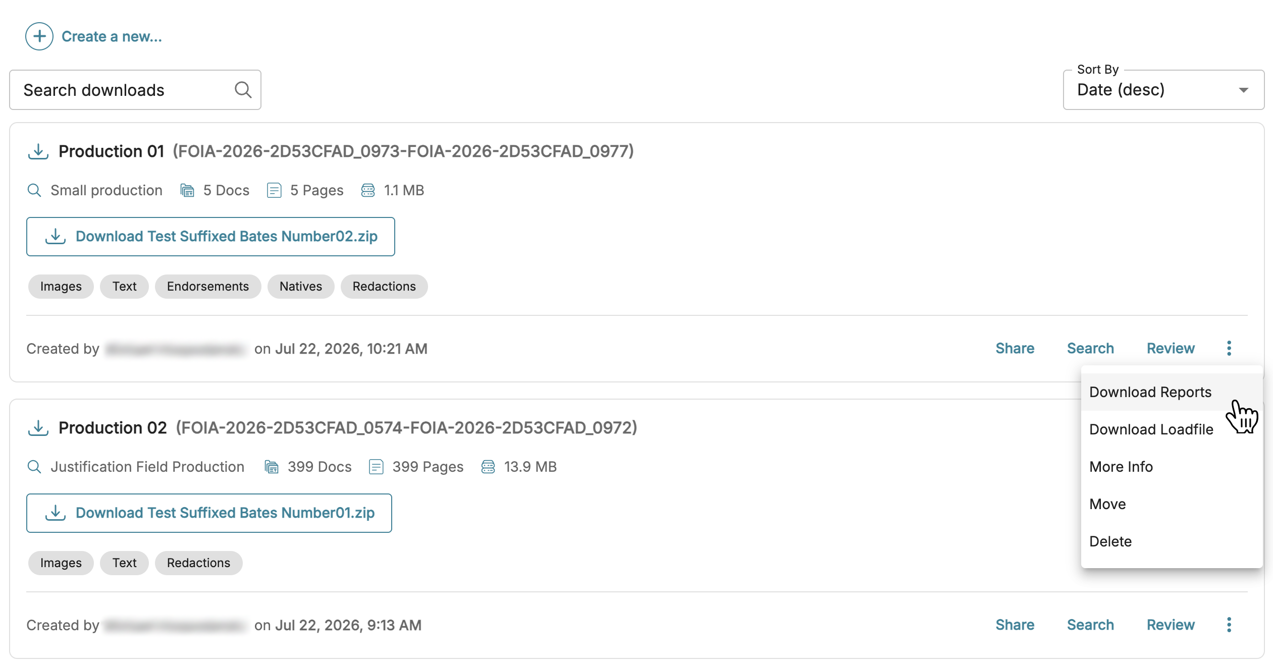 List of downloadable production files with options for reports and load files.